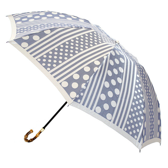 晴雨兼用 レディース kirie ドットとストライプ アッシュブルー 折りたたみ傘