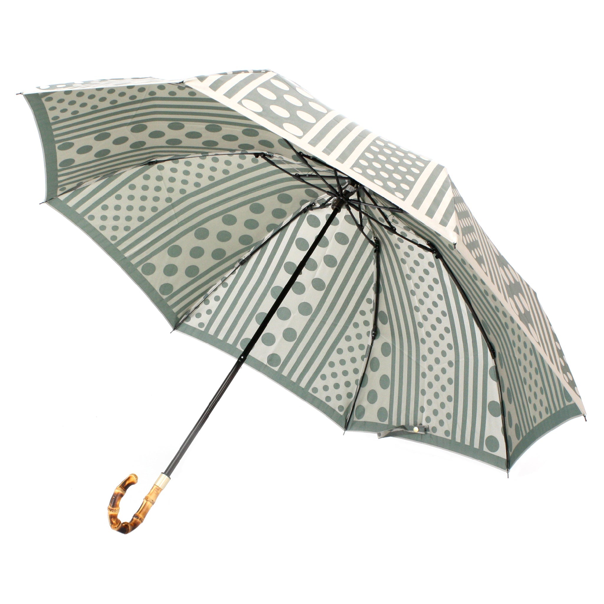 晴雨兼用 レディース kirie ドットとストライプ フォレストグリーン 折りたたみ傘