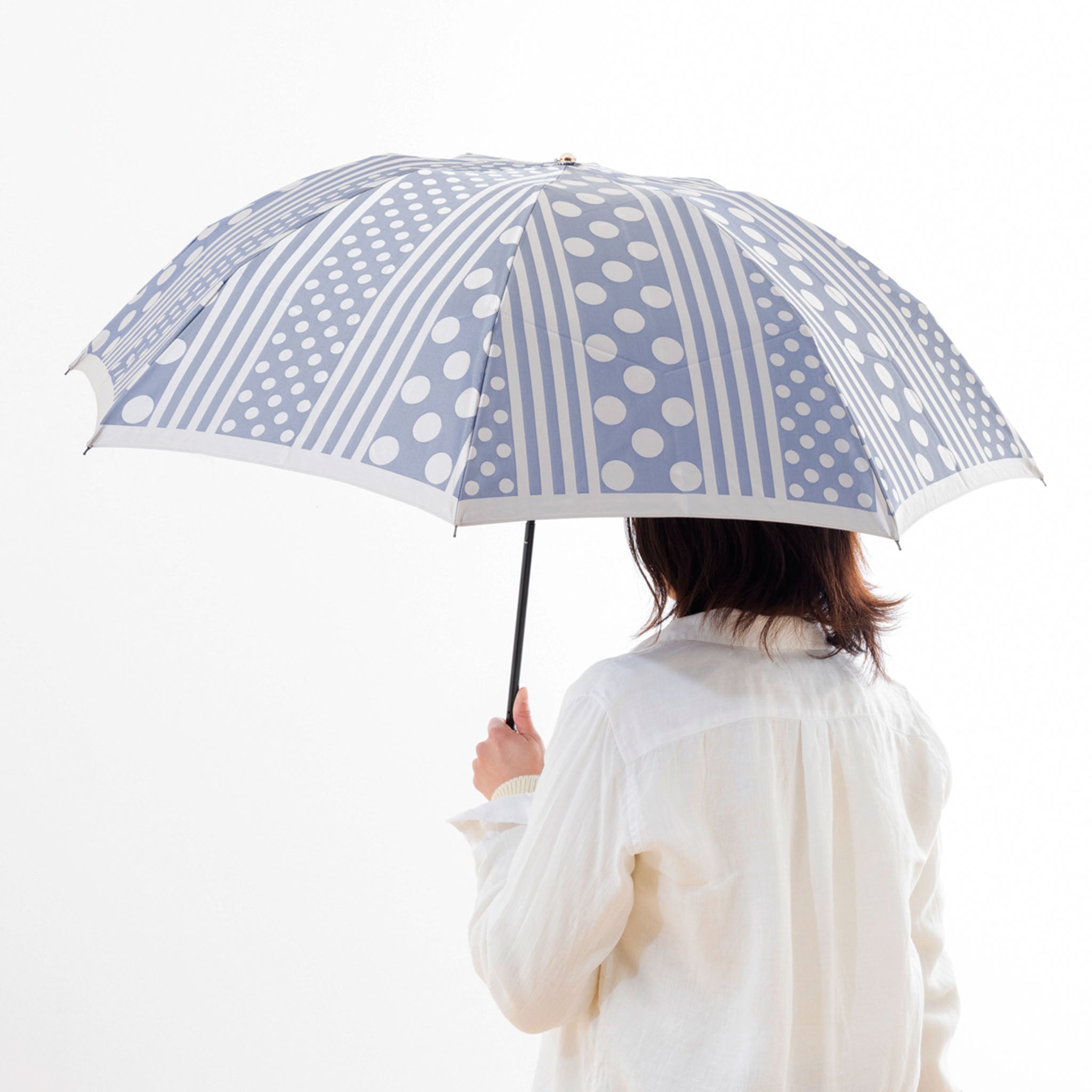 晴雨兼用 レディース kirie ドットとストライプ アッシュブルー 折りたたみ傘