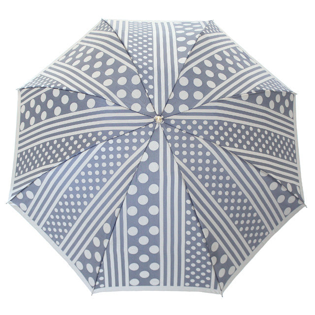 晴雨兼用 レディース kirie ドットとストライプ アッシュブルー 折りたたみ傘