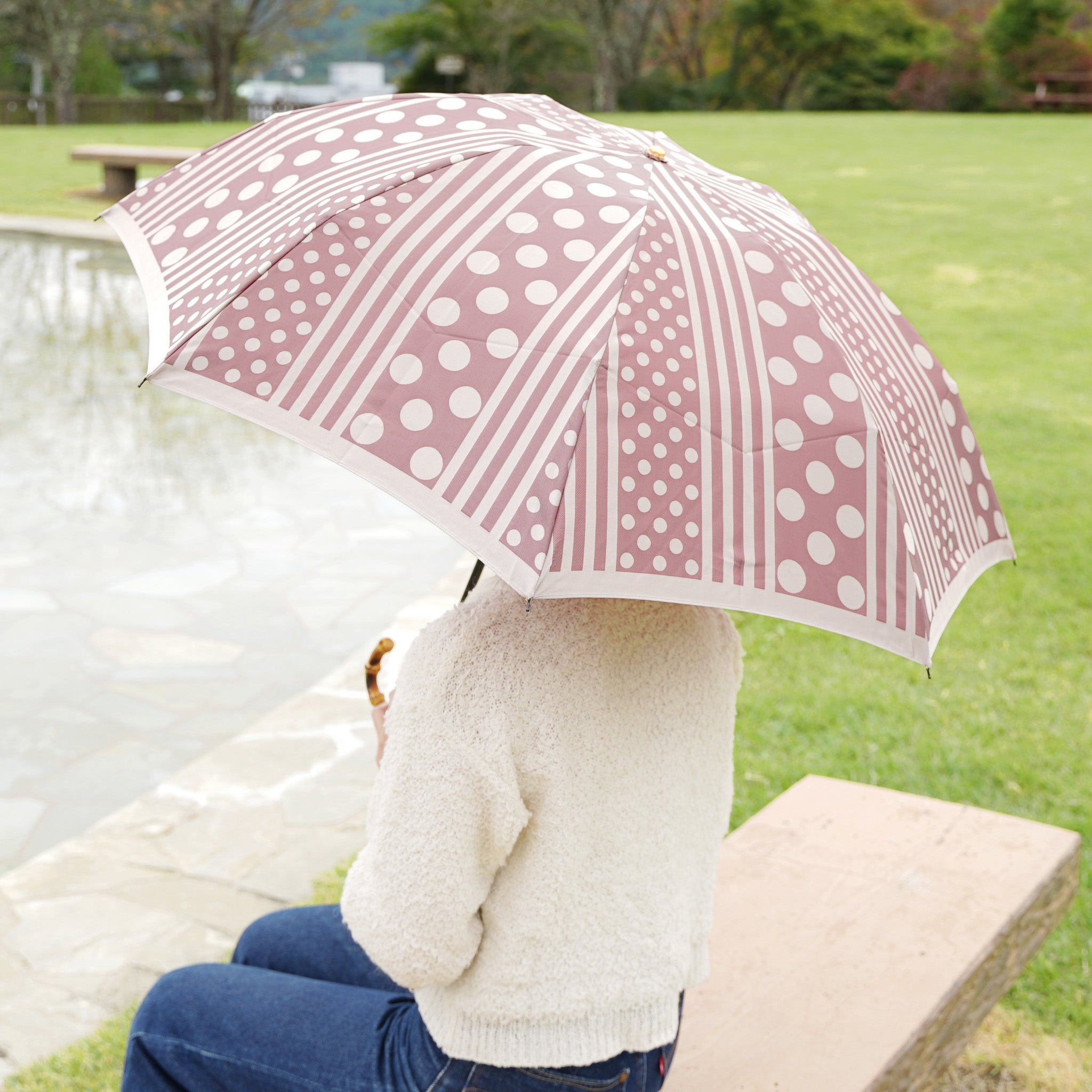 晴雨兼用 レディース kirie ドットとストライプ アンティークボルドー 折りたたみ傘