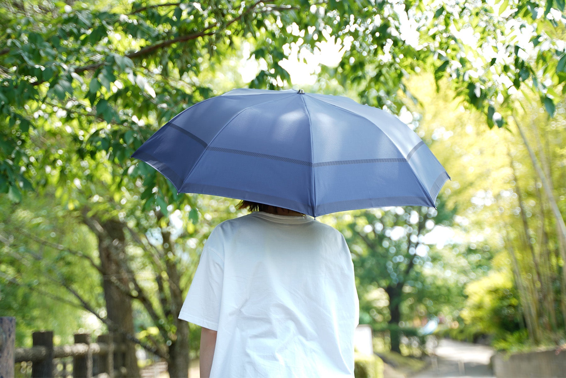 遮熱糸を使用したブルー系の折りたたみ傘を差す女性