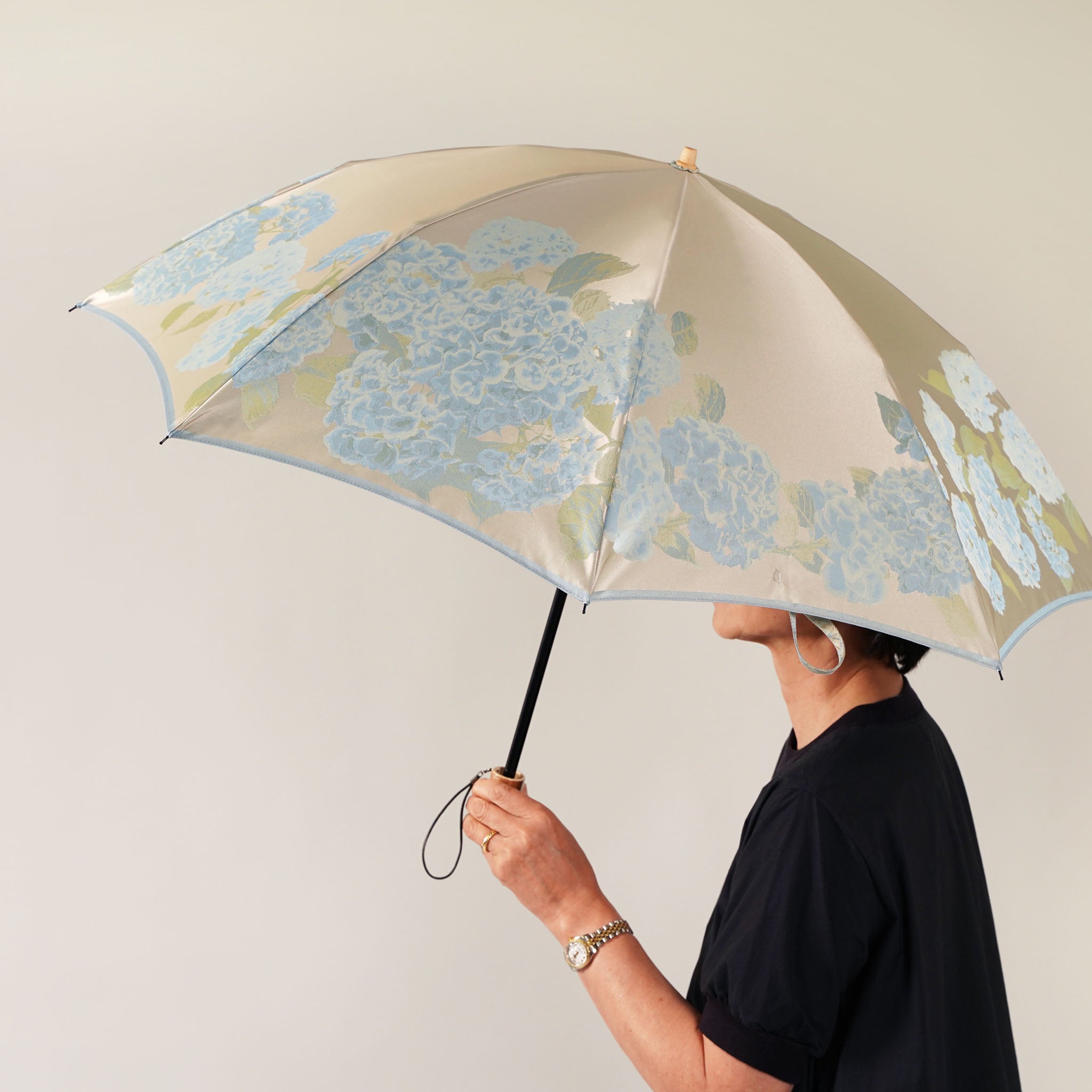 晴雨兼用　レディース　絵おり　紫陽花　ブルー　折りたたみ傘　サイズイメージ