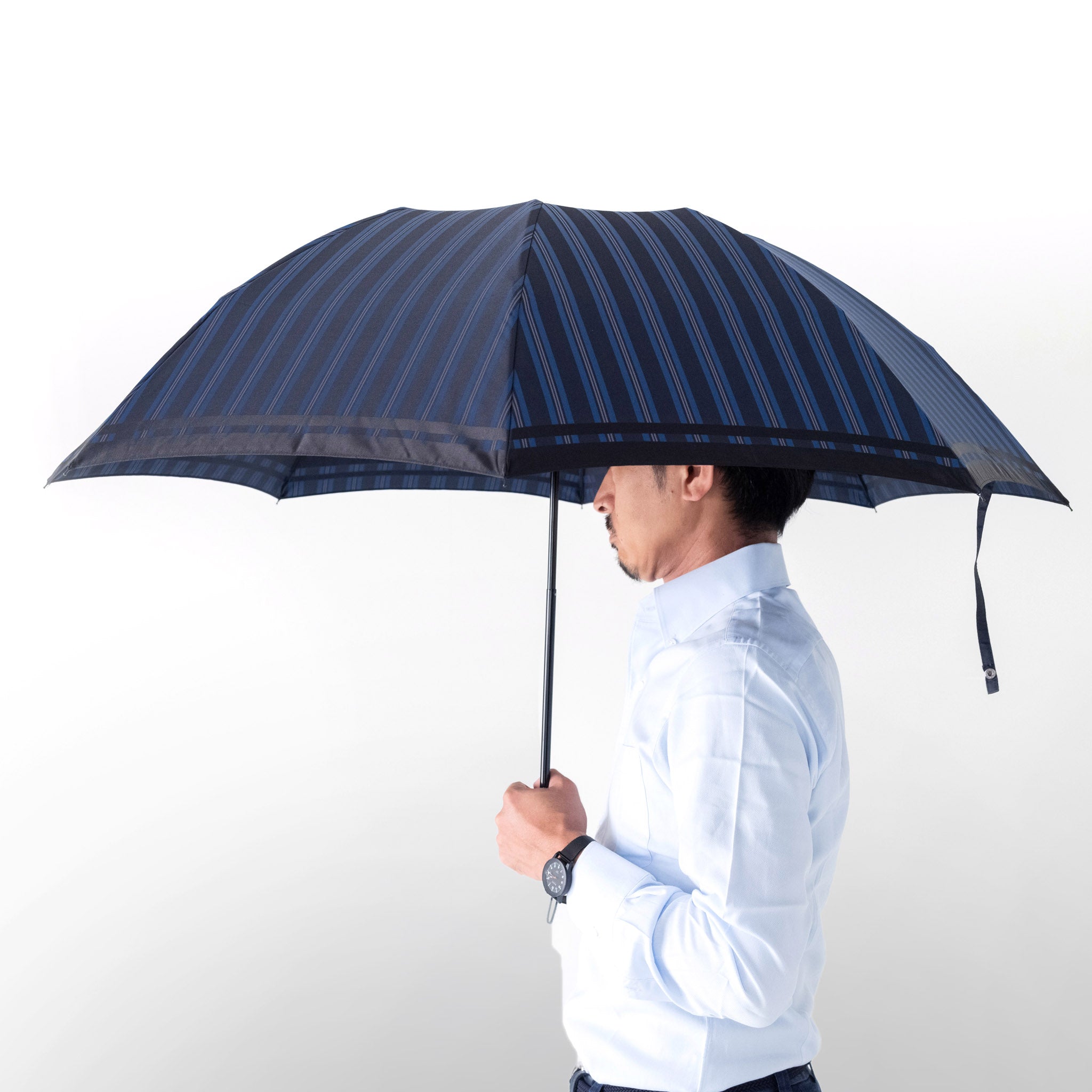 晴雨兼用　メンズ　Tie　Stripe×Plain　BLUE　折りたたみ傘　サイズイメージ