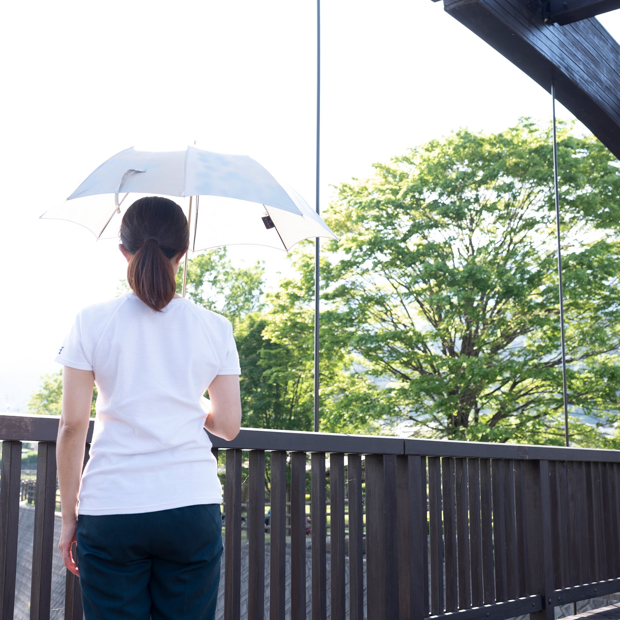 晴雨兼用　レディース　こもれび　ブナ　スライドショート傘　使用イメージ