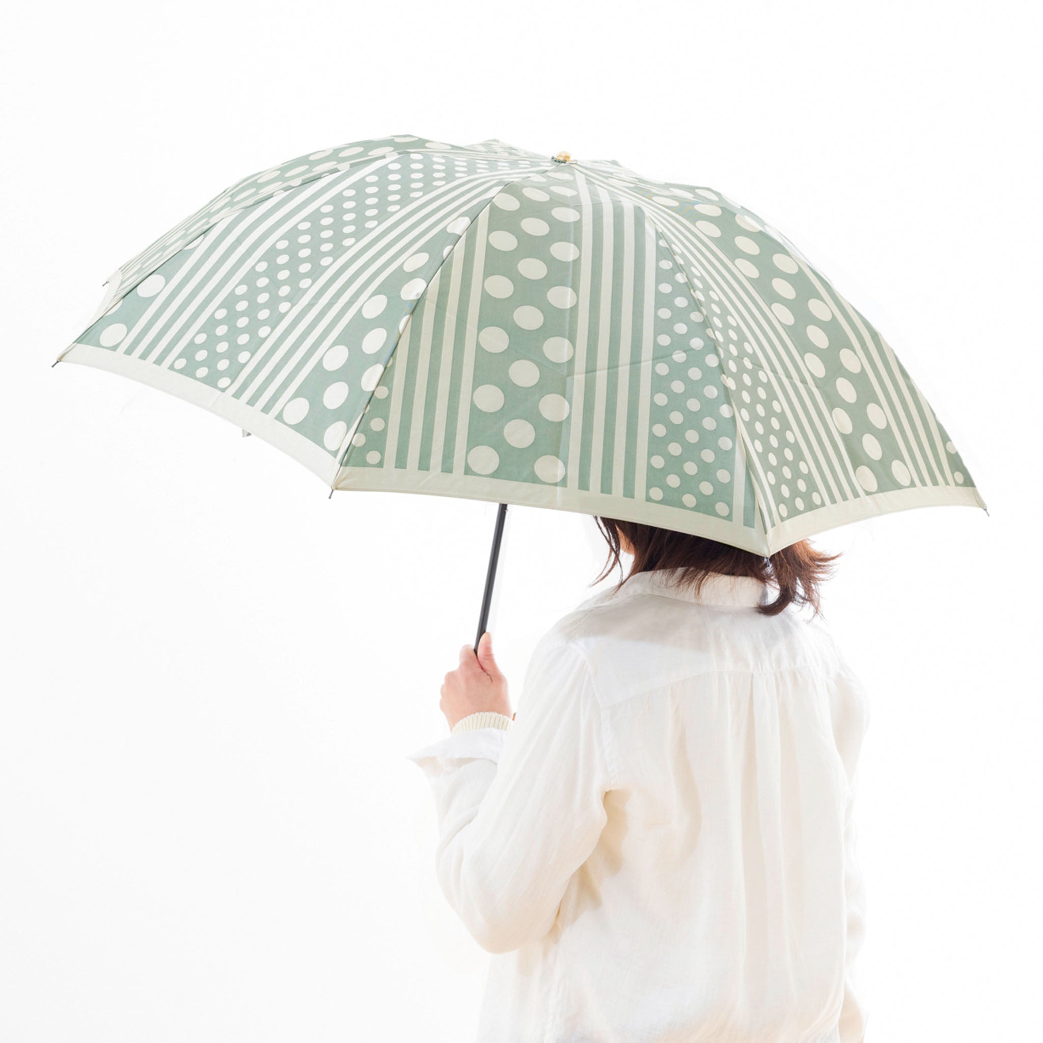 晴雨兼用　レディース　kirie　ドットとストライプ　フォレストグリーン　折りたたみ傘