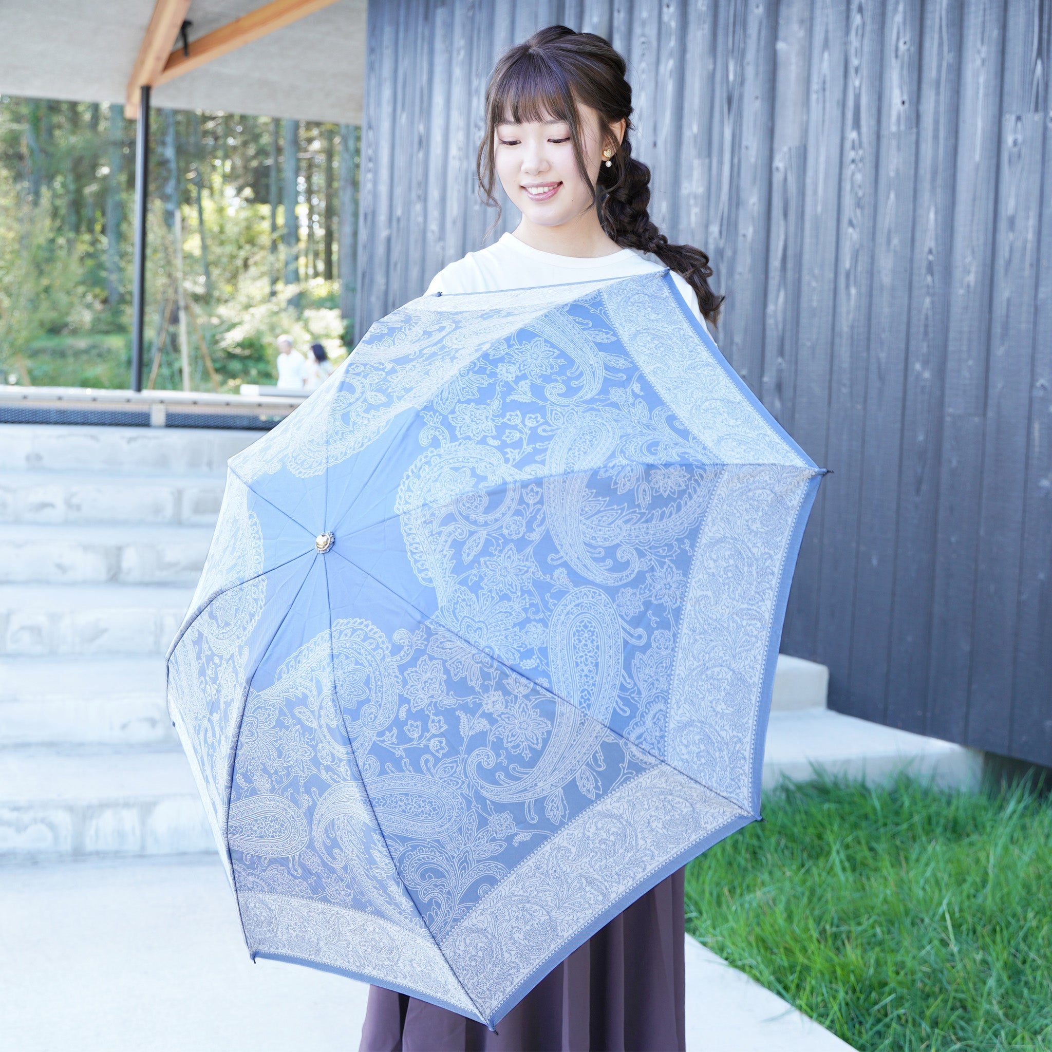 晴雨兼用　レディース　kirie　ペイズリー　ミステリアスブルー　折りたたみ傘　サイズイメージ