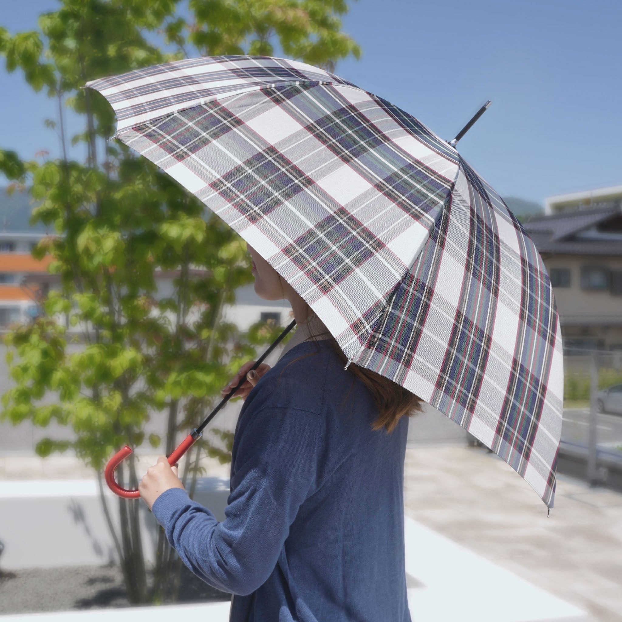 晴雨兼用　レディース　レトロチェック　タータンチェック②　オフ　長傘